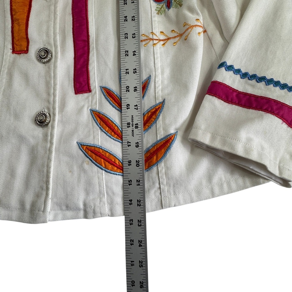 Variations White Embroidered Denim Jacket Womens Large Floral‎ Applique Buttons - Picture 10 of 15